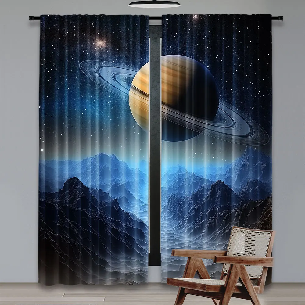 2Pcs Starry Night Galaxy Curtains Aesthetic Art Popular Curtains Cosmic Planet Curtains Suitable For Bedroom Living Room