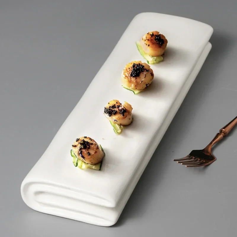 Pure White Folded Ceramic Strip Disk Cold Dishes, Snacks, Tableware, Molecular Cuisine,creative Western Restaurant,plate Setting