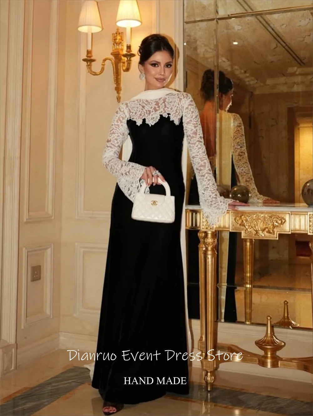 فساتين سهرة بشريط مخملي بدون ظهر من Dianruo على شكل حرف A مزينة بفيستدوس دي فييستا من الدانتيل موضة Abiti Da Cerimonia مخصصة #5