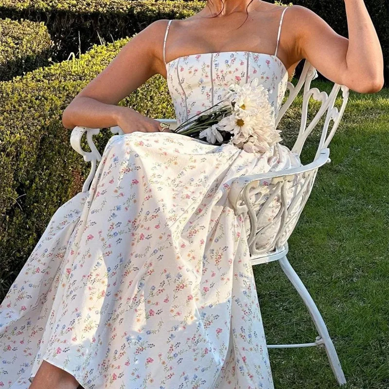 Vestido de Verano con Estampado Floral y Tirantes Finos para Mujer, Elegante, de Cintura Alta, sin Tirantes, para Fiesta, Estilo Boho Chic, Largo, para Playa