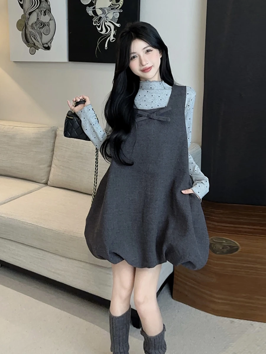 Chic Preppy Style Autumn Winter Outfit Korean Rich Girl Dress Set with Bow Tie Square Collar Vest And Dress Elegant Fashionable