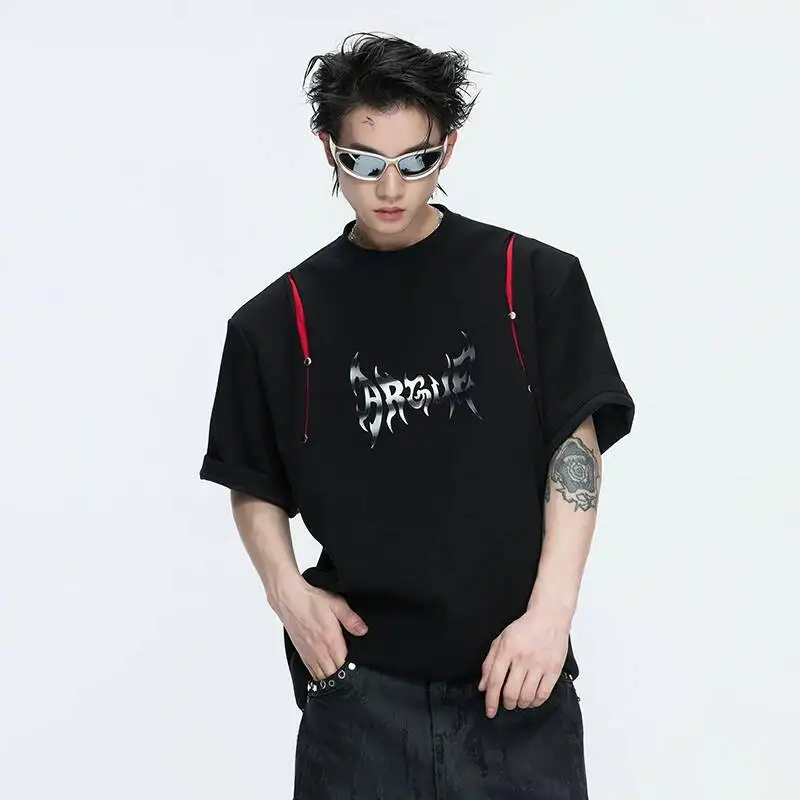LUZHEN 2026 Summer Hollow Splicing Original Short Sleeve T-shirts Men's Fashion Handsome Loose Casual Letter Printed Tops JY6554