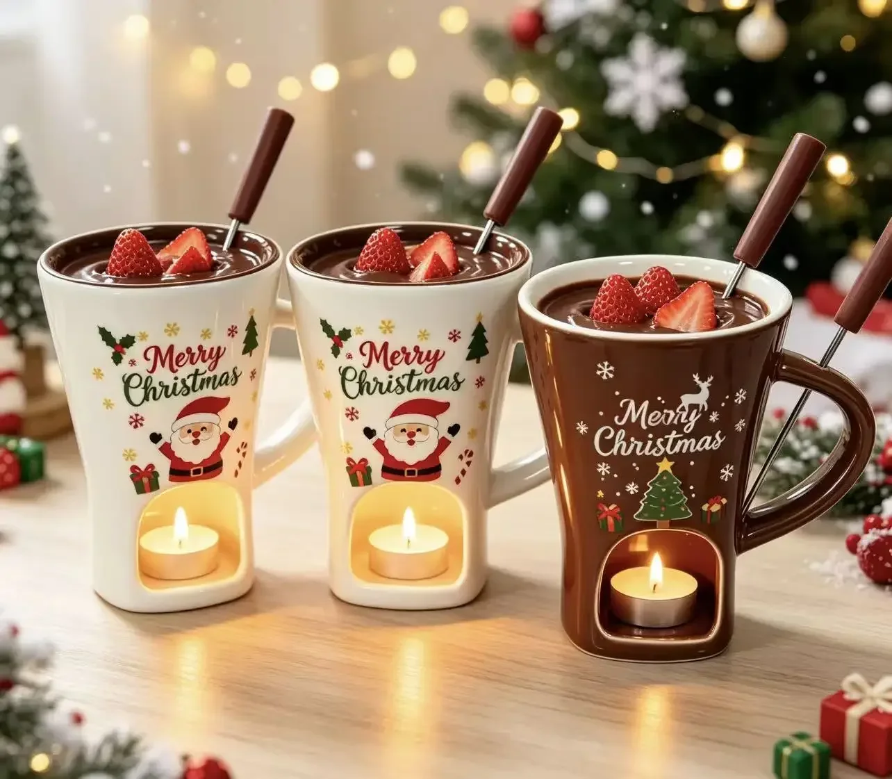 150ML Weihnachts-Keramikbecher Schokoladen-Schmelzofen mit Gabel, Heizender Käse-Hotpot-Becher, Weihnachtsgeschenk für Paare – Detail 1