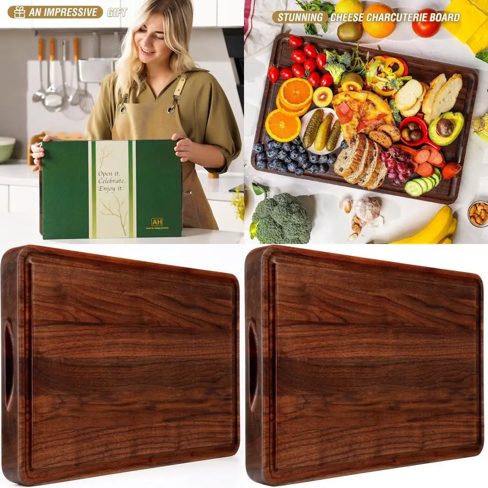 

Large 18x12 Walnut Wood Chopping Board with Deep Juice Groove and Side Handle for Kitchen Use