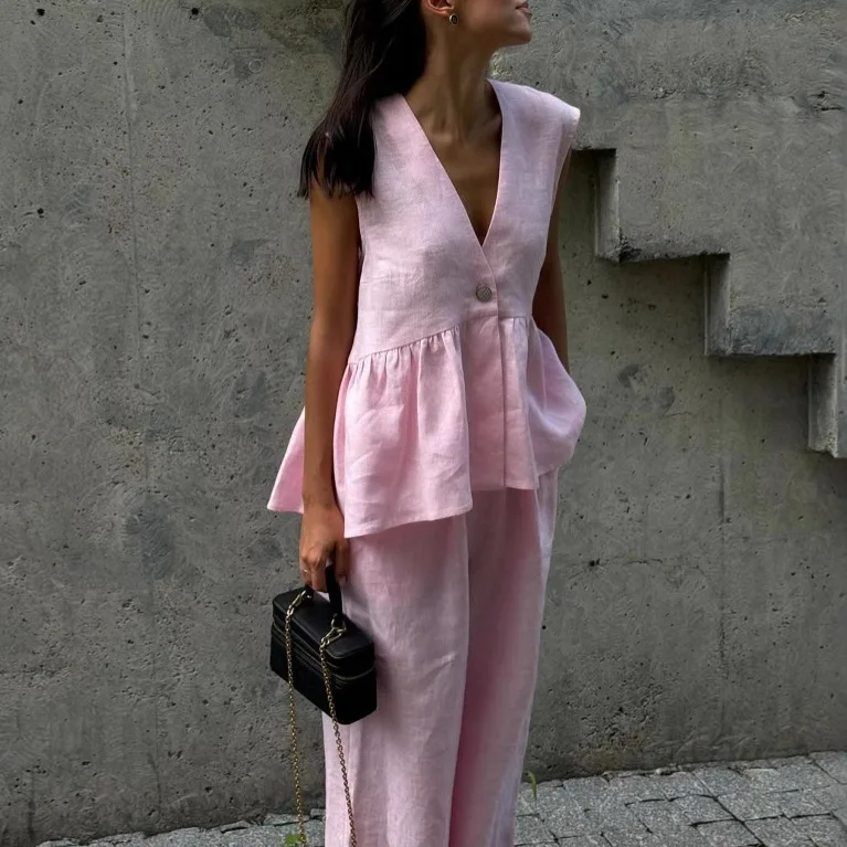 

Fashion Pink Cotton Linen 2 Piece Set Women Summer Chic Elegant Outfit Sleeveless Ruffles Tank Top And Loose Wide-leg Pants Sets