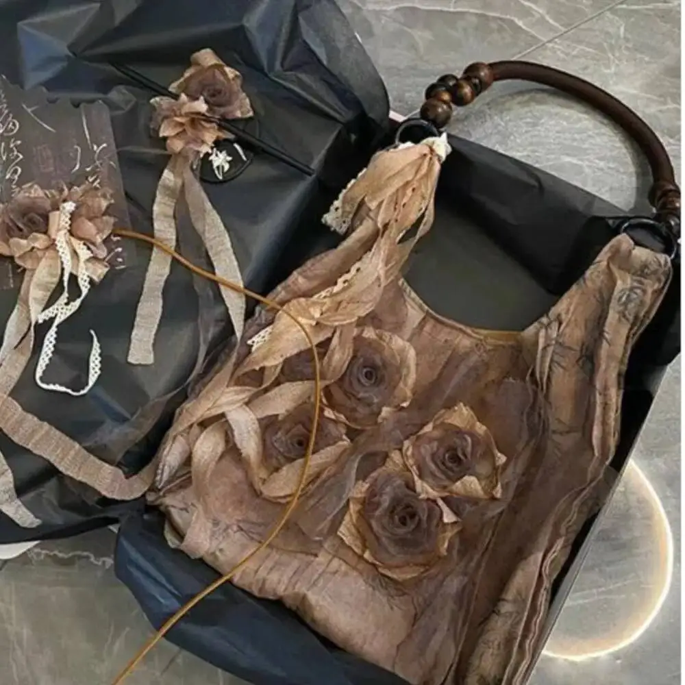 Bloom Fairy Core Rose Handbag Women Vintage Chinese Style Folds Chic Black Shoulder Bags Ladies Retro Sweet Cool Y2k Bag Purse