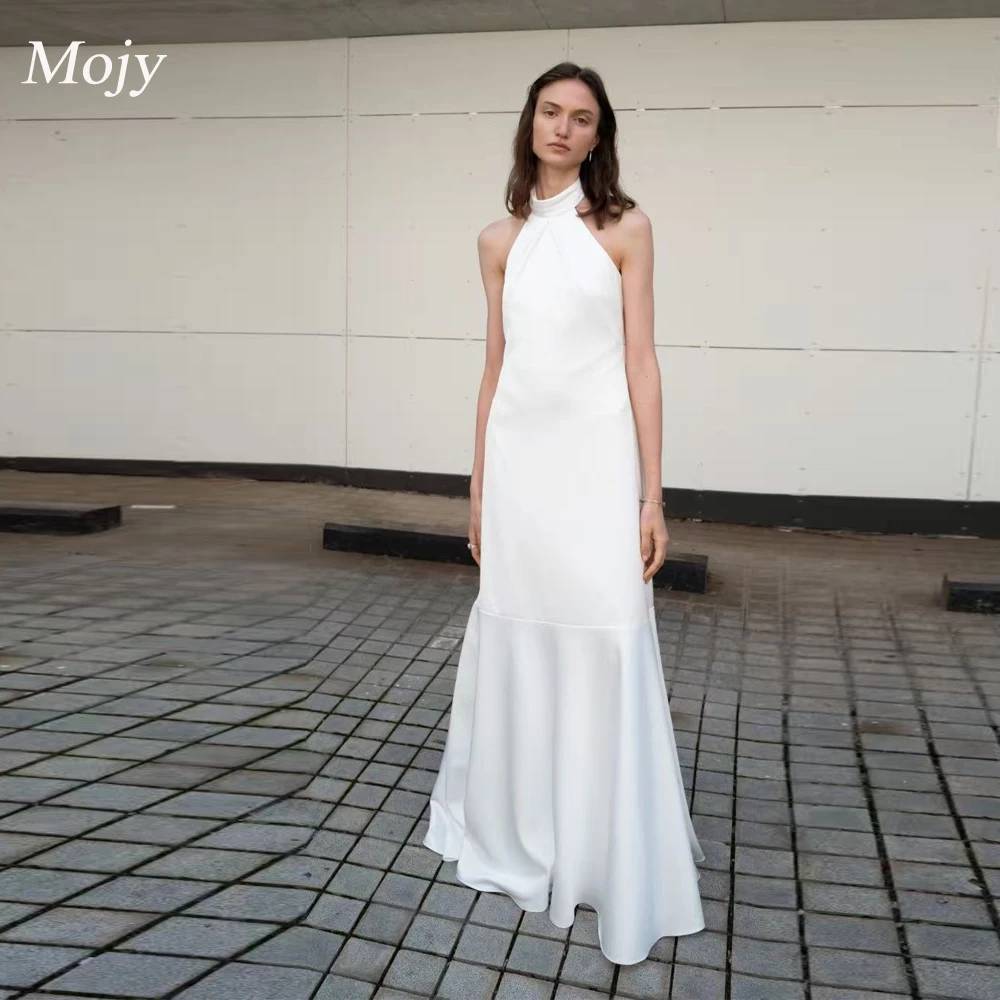 

Mojy Graceful Women Wedding Dresse Vintage High Neck Sleevels Simple Bridal Gown Soft Crepe Mermaid Brides Wedding Gowns