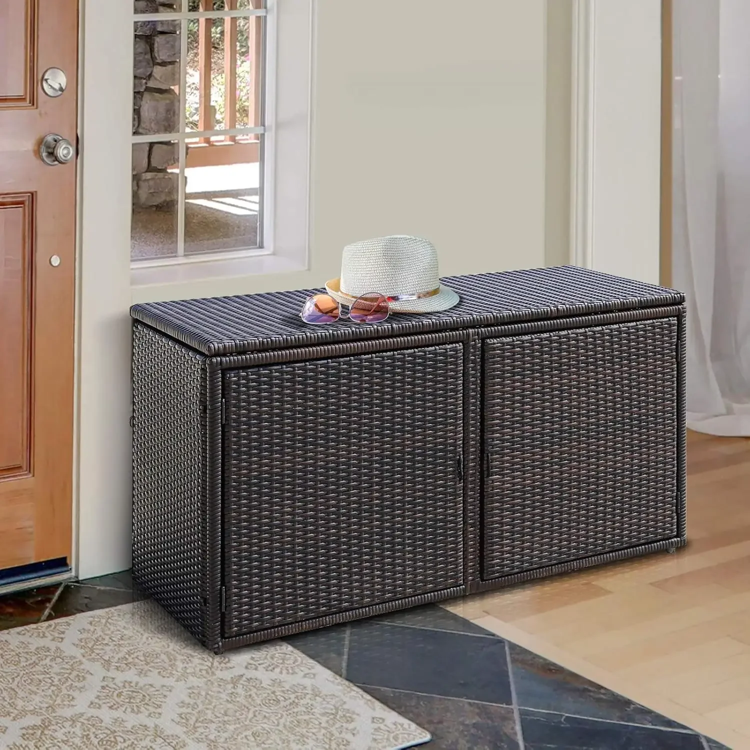 Deck Box Outdoor Wicker Storage Box Cabinet 88 Gallon Storage Container Bin Box for Furniture Tools in Garden Balcony