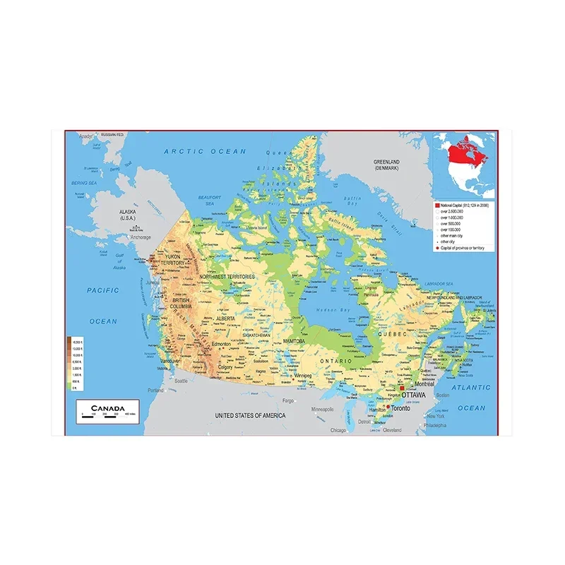 La mappa topografica del Canada 150 * 100 cm in inglese senza cornice Poster e stampe Wall Art Dipinti su tela Home Living Room Decor