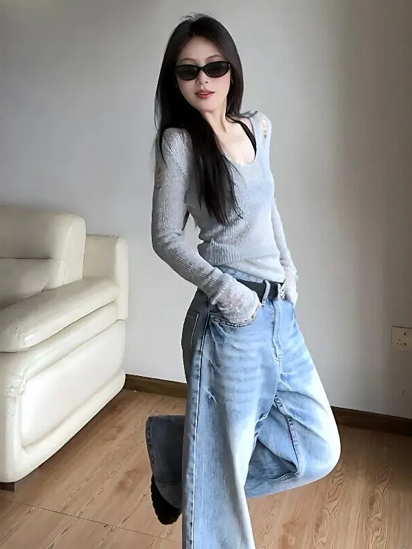 

Korean Sle Gentle Hollow V-Ne Long Sve Knitted Cover up Women's Slimming Top Spring 2026 Faion Small Size