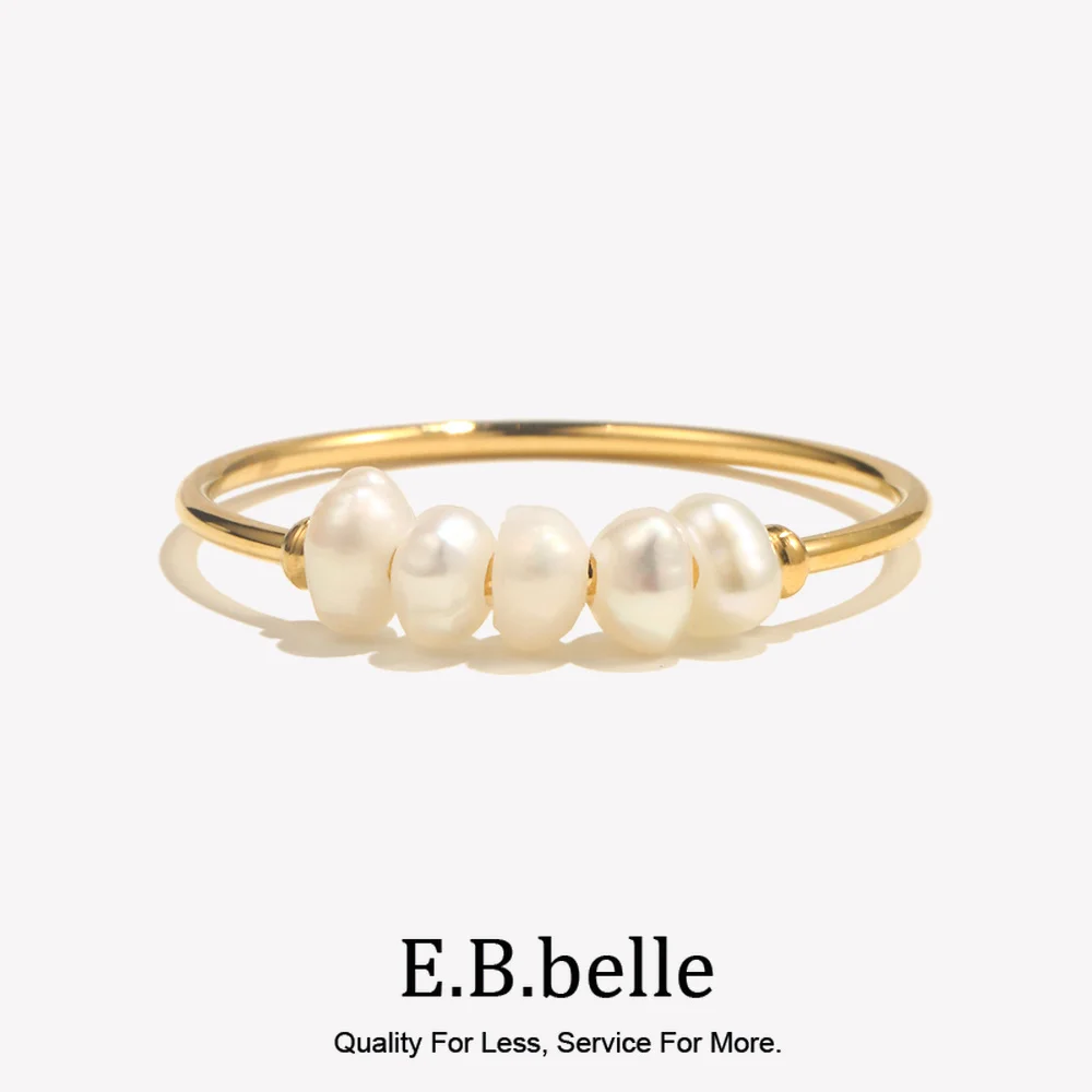 E.B.belle Gold Plated Stainless Steel Freshwater Pearls Rings For Women Accesorios Para Mujer Bagues Acier Inoxydables Femmes