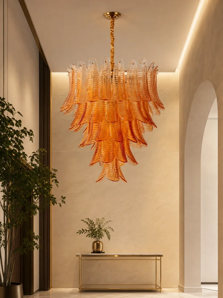 REVEN Handcrafted Style Orange Glass Chandelier Rope Hanging for Villa Hotel Lounge Ambient Lighting Fixture