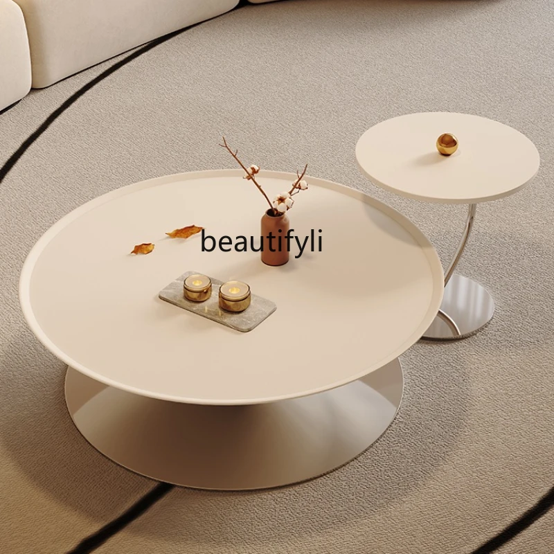 

Light Luxury Cream Style Coffee Table Living Room Home Minimalist Stainless Steel Base round Tea Table Combination