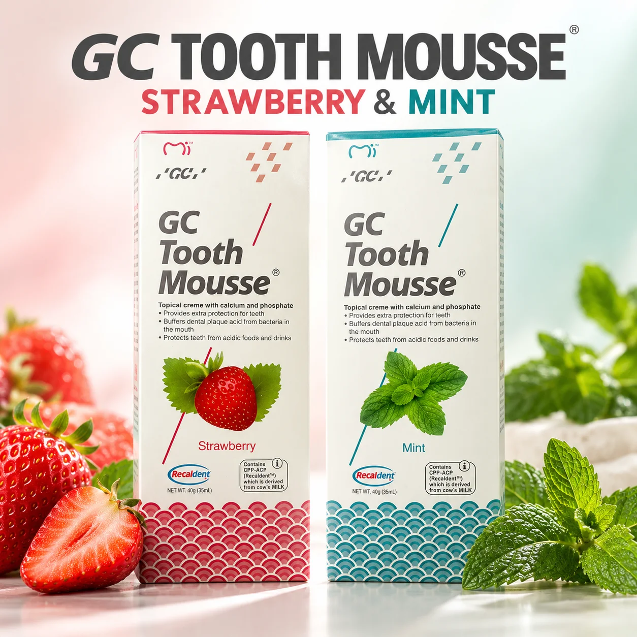 GC Tooth Mousse 40g Strawberry & Mint Flavor Topical Dental Cream Extra Teeth Protection Cream Buffer Acid from Plaque & Drinks