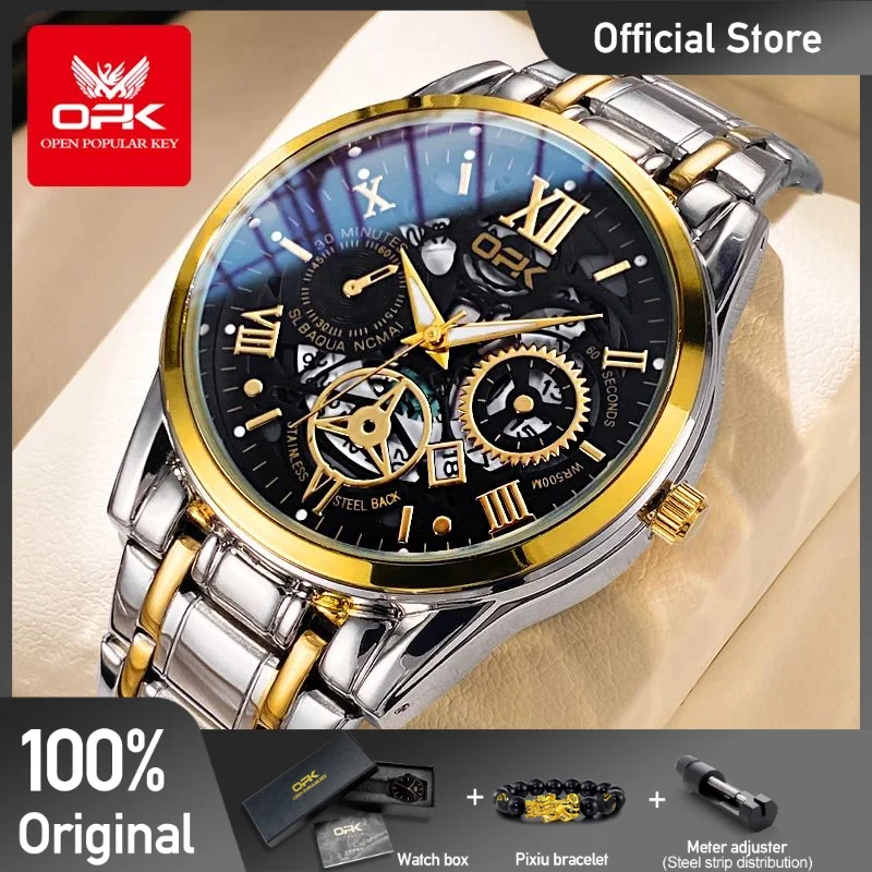 OPK 8135 Watches For Men Luxury Hollow Out Style Original Quartz Waterproof Luminous Chronograph Automatic Watch 24 Hours