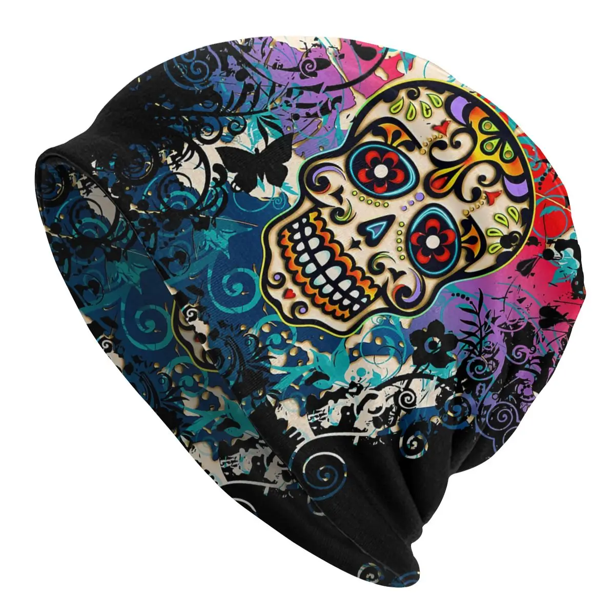 

Mexican Skull Sugar Skull Day Of The Dead Dias De Los Muertos Autumn Female Warm Beanies Double Used Windproof Bonnet Hats