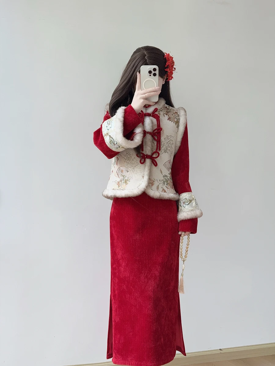 

Red Chinese Sle Vest Set Women's Winter New Thiened Floing Dr Long Sve Plant Floral Print Ceremony Dr