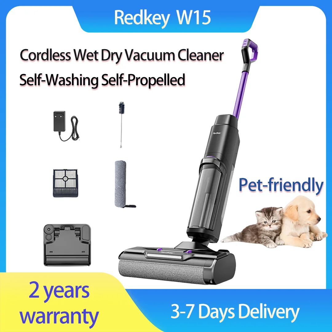 Redkey W15 aspirateur sec et humide sans fil vadrouille d'aspirateur de lavage douce pour animaux de compagnie 3 en 1 nettoyage des bords autonomie de 35 minutes auto-lavage
