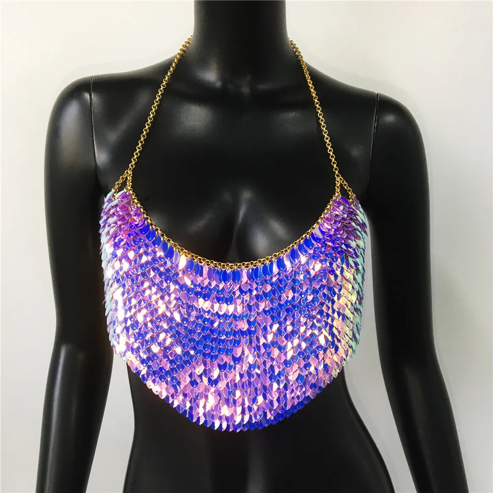 Pailletten Gekleurde Bladeren Crop Top Vrouwen Vest Sexy Nachtclub Metalen Slanke ketting Hangende nek Splicing Glitter Top Vrouwelijk