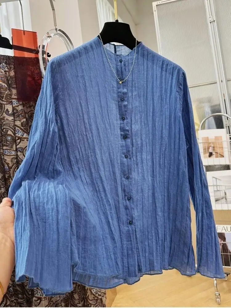 Women Elegant Textured Wrinkle Blouse Summer Tencel Sun Protection Shirt Unique Round Neck Long Sleeve Thin Top