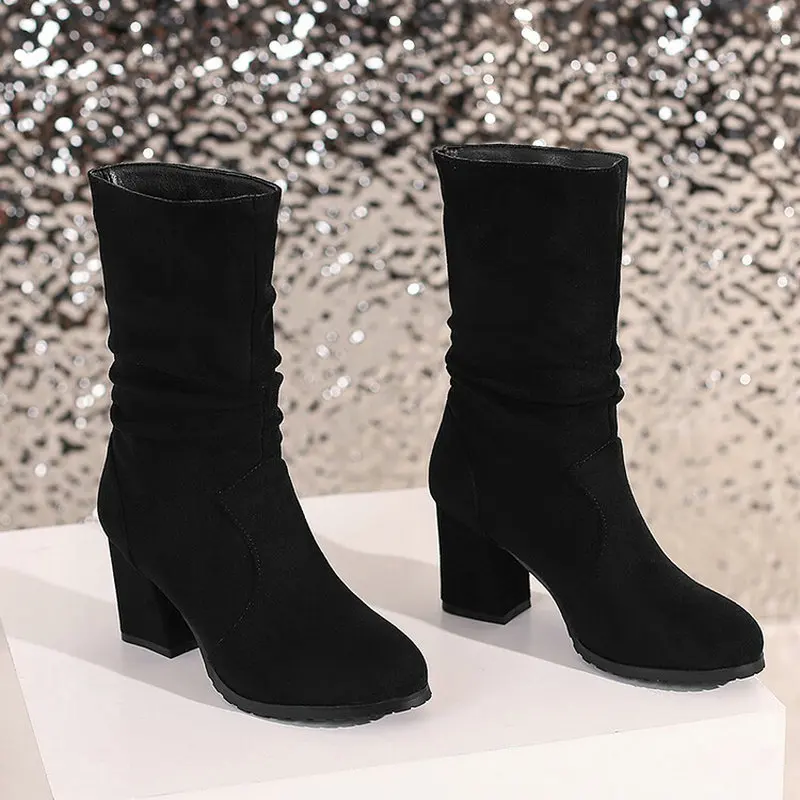 Stiefel neue Frauen weibliche Schuhe lange dicke Absätze Mode Winter solide 45 spitzen Zehen Slip auf Dame lässig Lers ure klobig warm