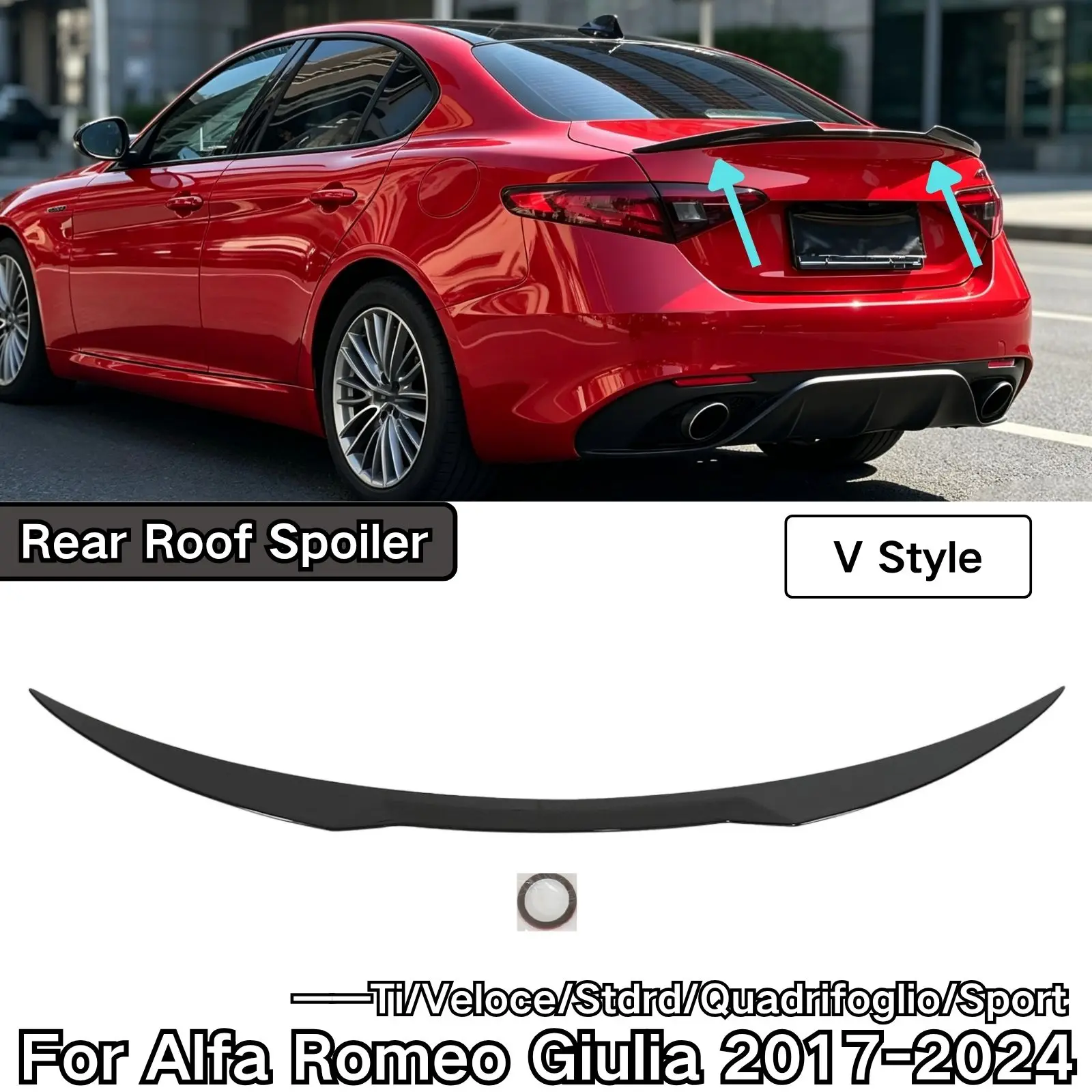 Rear Roof Spoiler For Alfa Romeo Giulia Ti/Veloce/Stdrd/Quadrifoglio/Sport 2017-2024 Carbon Fiber Painted V Style Glossy Black