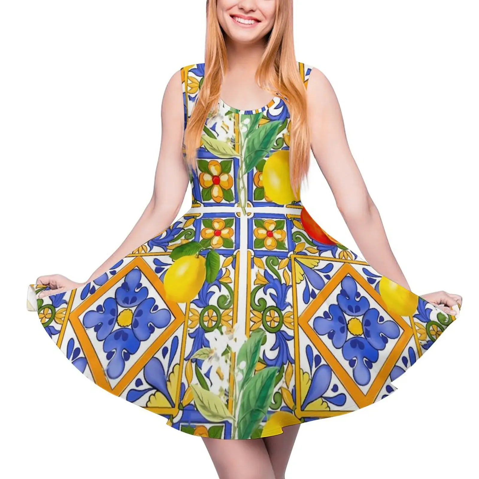 Retro  Fruit Print Dress Citrus And Lemons Elegant Dresses High Waist Casual Oversize Skate Dress Women Graphic Clothing