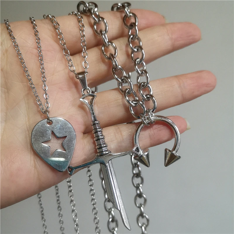 Punk Silver Color Broken Sword Star Pendant Chain Necklace For Men Women Personalized Hip Hop Gothic Vintage Neck Grunge Jewelry