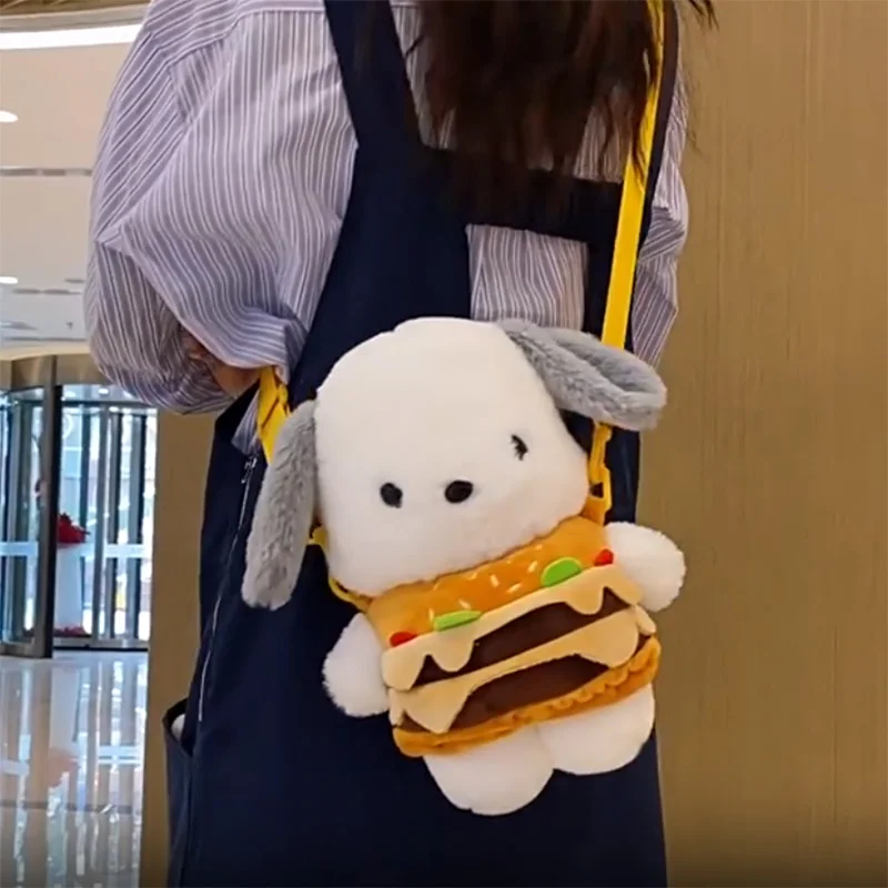 Sanrio Pochacco Hamburger Plush Handbag Pochacco Bear Messenger Bag for Girls Periphery Costume Accessories Holiday Gifts 2024