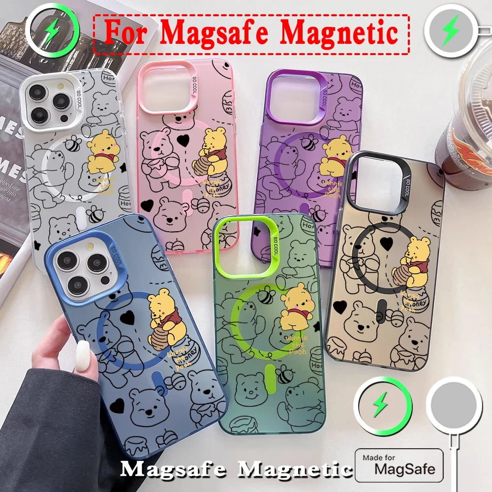 Funny Cartoon Winnie Pooh Magsafe Magnetic Case for Samsung S25 S24 S23 S22 S21 S20 FE Plus Ultra 5G Soft Silver Plated Cover