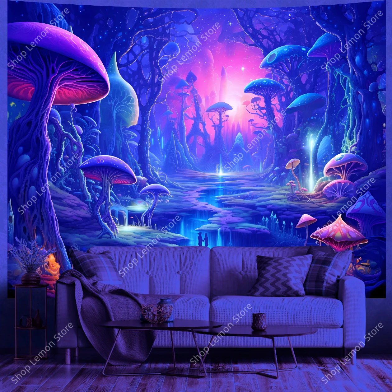 

Фэнтезийный светящийся грибной лес, УФ-гобелен, настенное искусство в стиле бохо с силуэтом пары, волшебная ночная сцена, домашний декор для спальни