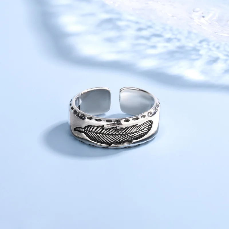 925 Sterling Silver Adjustable Rings For Women Feather Luxury Fine Jewelry Wedding Accessories JewelleryPrevent Allergy