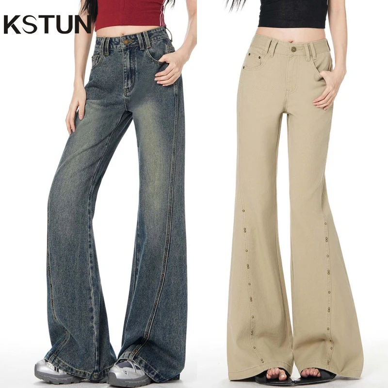 

KSTUN High Waisted Women Flared Jeans Lady Bell-bottom Trousers Denim Pants Vintage Rivets Designer Patchwork Elegant Mom Jeans