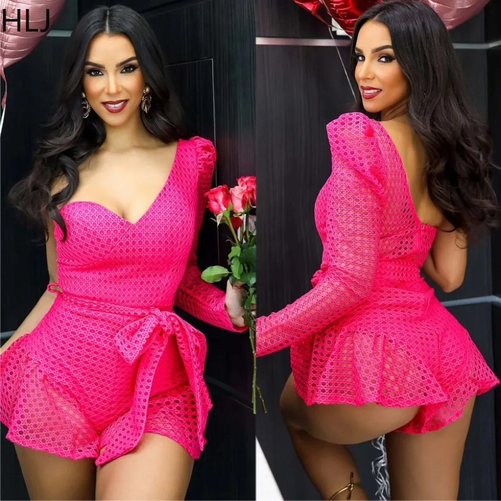 

HLJ Sexy Solid Color Ruffle One Shoulder Long Sleeve Rompers Women Lace Up Ruched Bodycon Jumpsuits Fashion Female Club Overalls