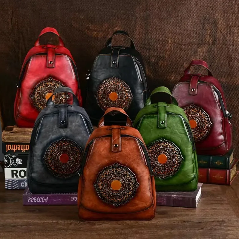Johnature 2026 New Vintage Totem Embossed Backpack Versatile Women Leather Bag Solid Color Large Capacity Travel Backpacks