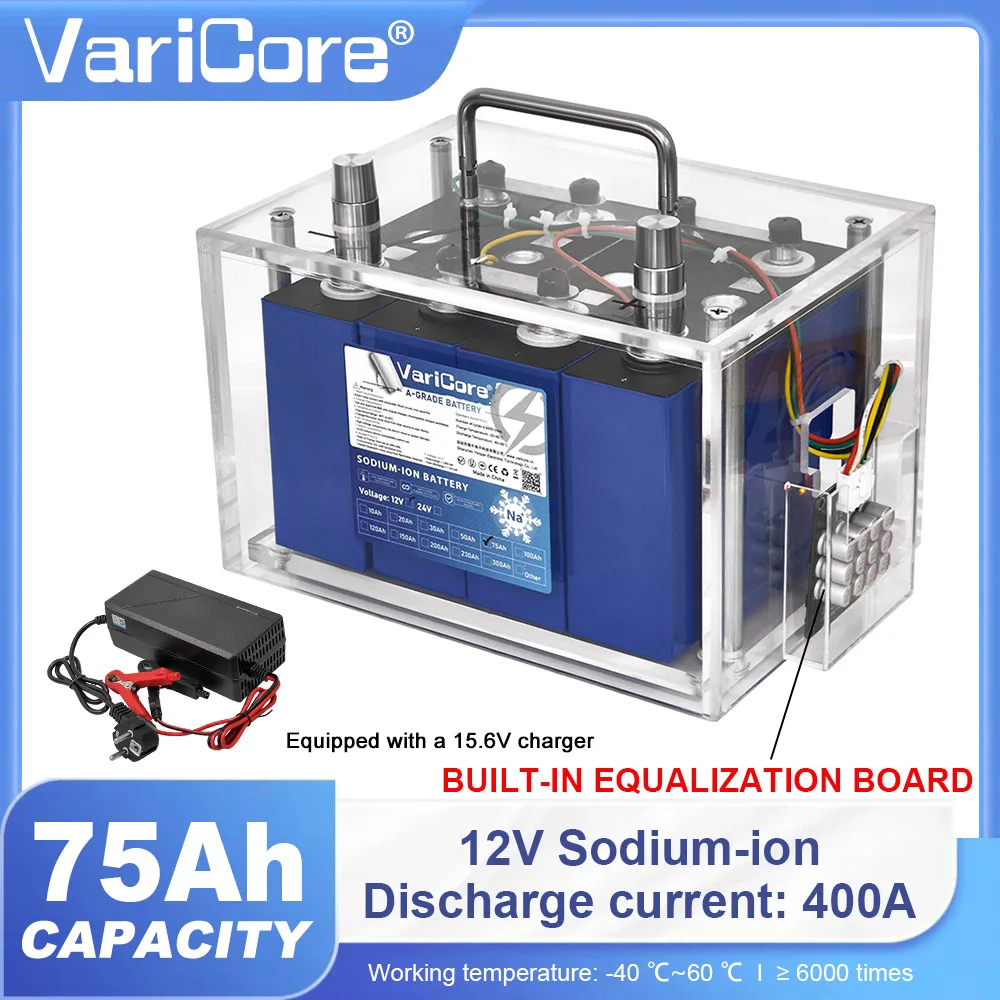 

12 В 75 Ач натрия-ионный аккумулятор, устойчивый к низким температурам, встроенная плата выравнивания для солнечных автономных систем с зарядным устройством 15,6 В