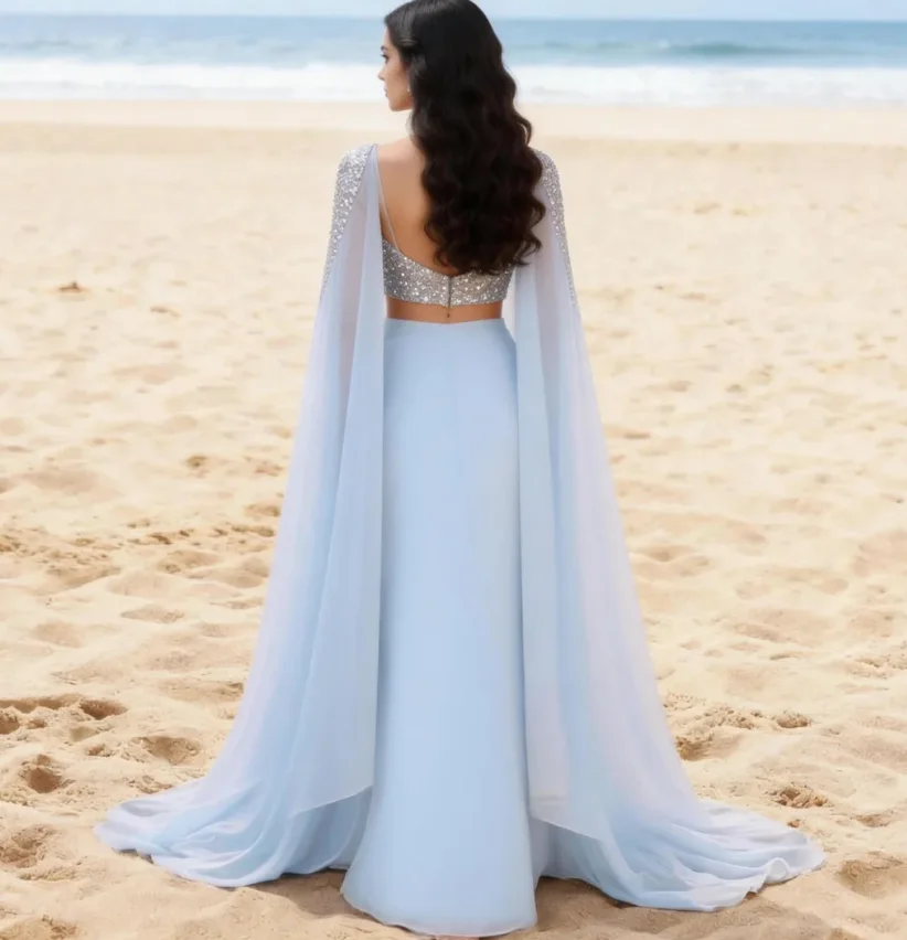 Ethereal Blue 2 Pieces Wedding Dresses 2026 Silver Sequin Crop Top Chiffon Ruffle  Beach Bridal Gowns Flowy Cape Sleeves Notice