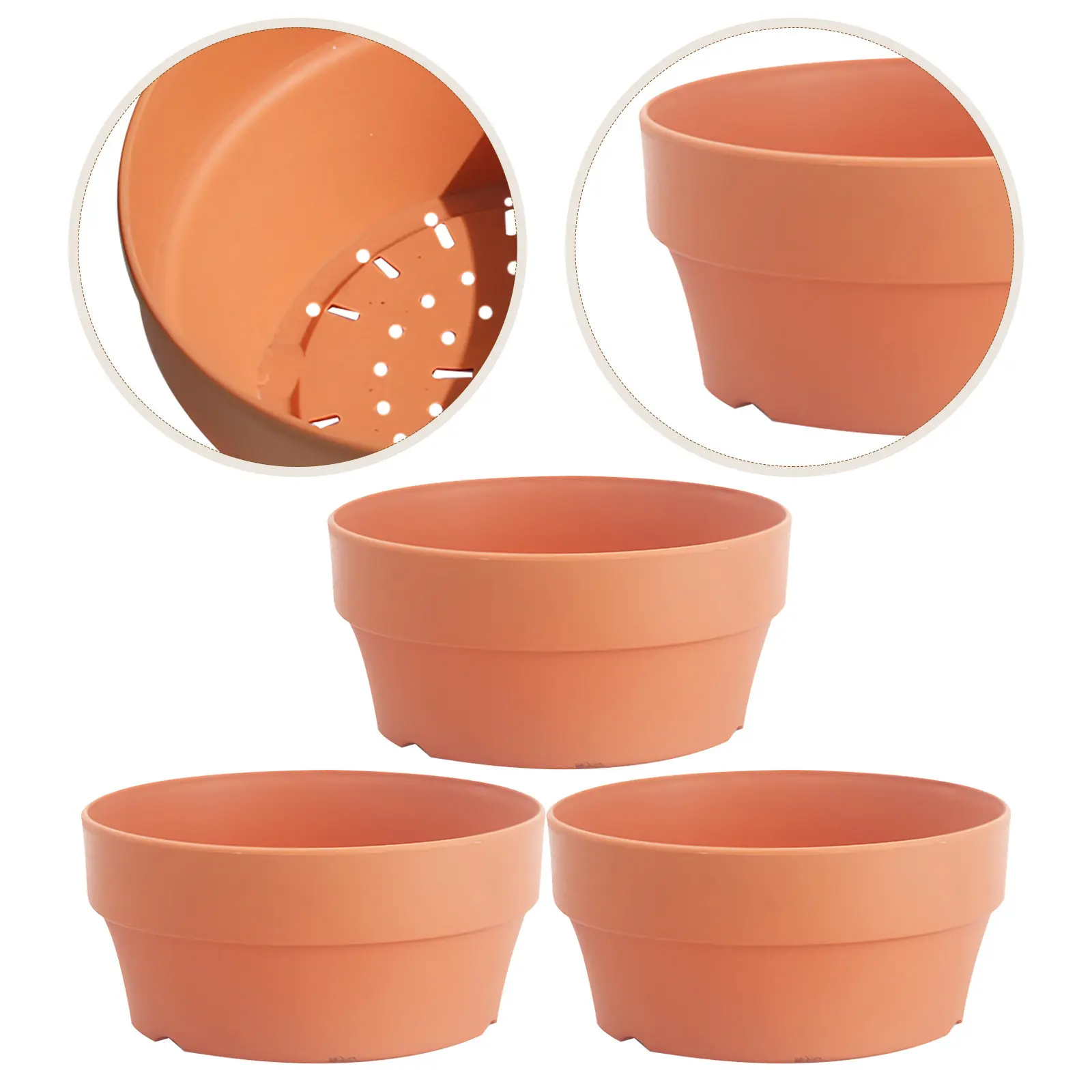 3Pcs Plastic Imitation Clay Flower Pot Round Orange 18Cm Indoor Outdoor Drainage Hole Succulent Planter Garden Supplies