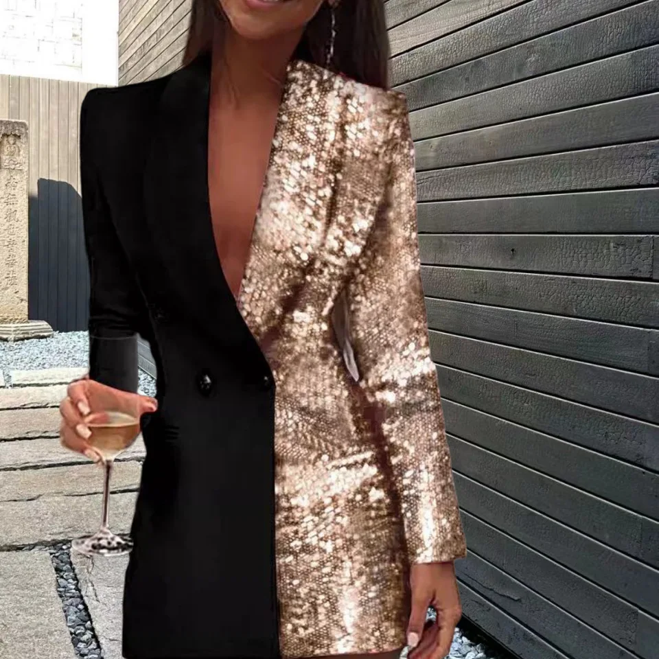 Women Fashion Club Female Colorblock Sequin Long Sleeve Blazer Mini Party Club Vestidos Streetwear