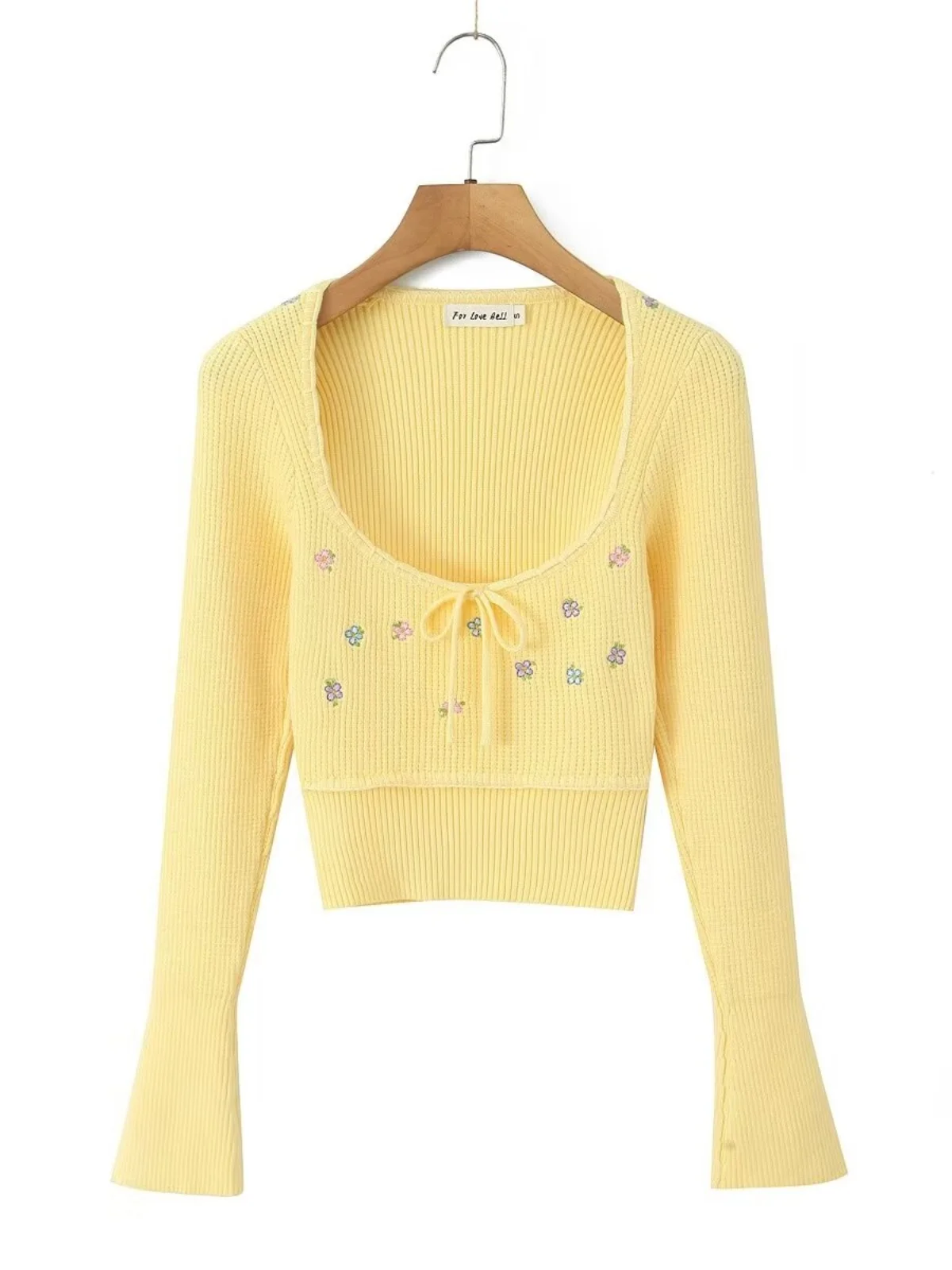 Low Cut round Neck Short Knitted Top Embroidered Waist Cinching  Knot Tie Pure Desire Internet Famous Base Shirt