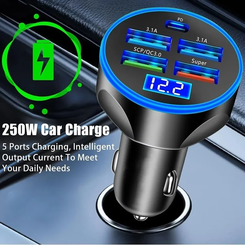 250W Fast Car Charging Adapter 4 Port USB Car Super Fast Charger Type C PD For iPhone Huawei OPPO Charging Car Conversion Plug