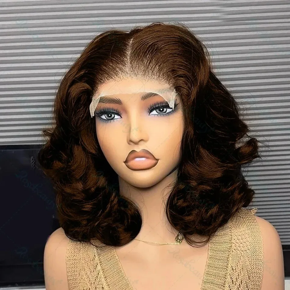 

Chocolate Brown Body Wave Bob Wig Transparent Lace Frontal Wig 13x4 Pre Plucked Lace Front Wig Short Bob Synthetic Wig for Wemon