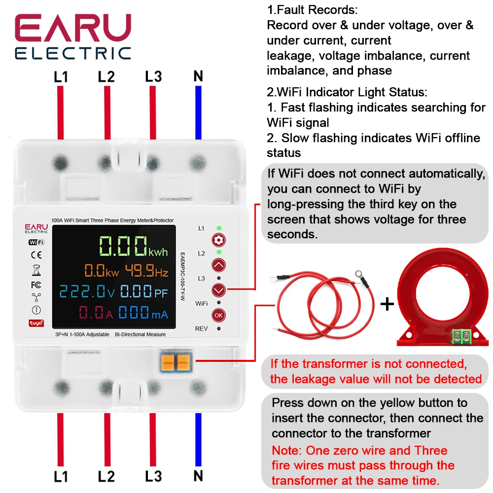 3P 100A Tuya WiFi Smart Bi-Directional Energy Power kWh Meter Leakage Over Under Voltage Protector Relay Switch Current Limit