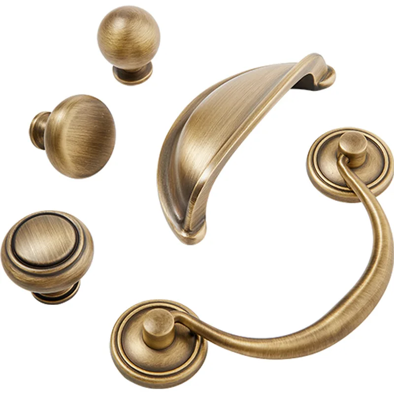 French cream-style brass antique-bronze drawer pull, neo-Chinese seashell single-hole vintage wardrobe & cabinet door handle