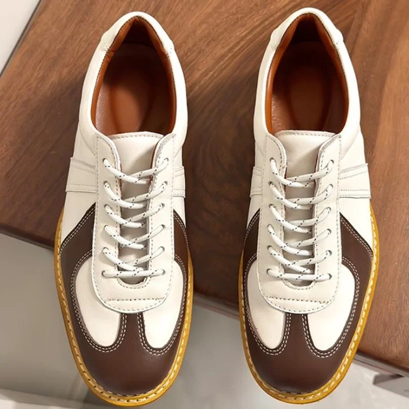 White Brown Color-mixed Sneakers Retro Small Round Toe Lace-up Trainers Man Sneakers Genuine Leather Casual Shoes Men's Shoes