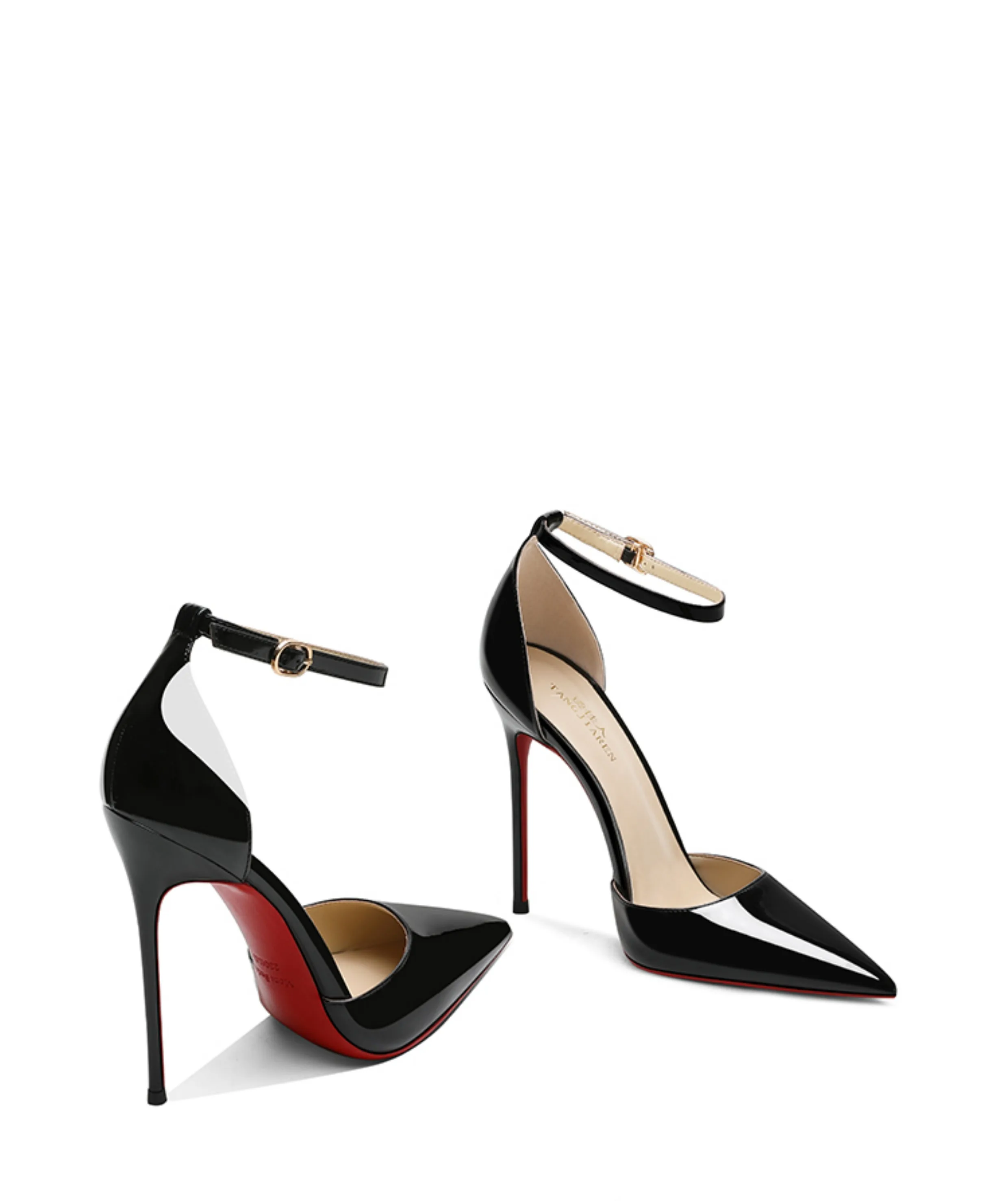 Naked high heels, women's slim heels, new sexy one-piece buckle strap, fashionable pointed hollow red sole single shoe