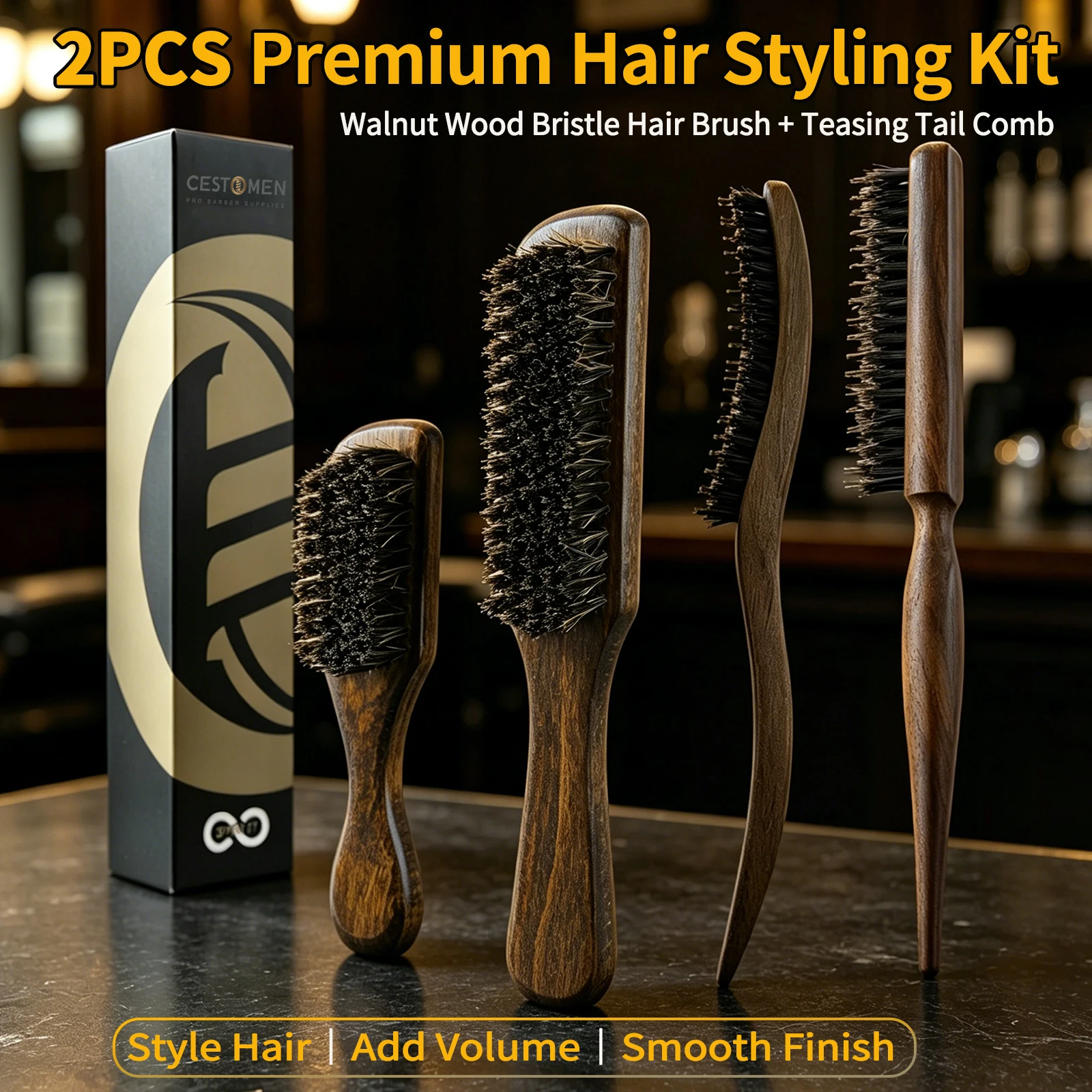 

2Pcs Premium Barber Beard Shaving Brush Wooden Handle Teasing Comb Boar Bristle Duster Hair Cleaning Brush Salon Styling Tools