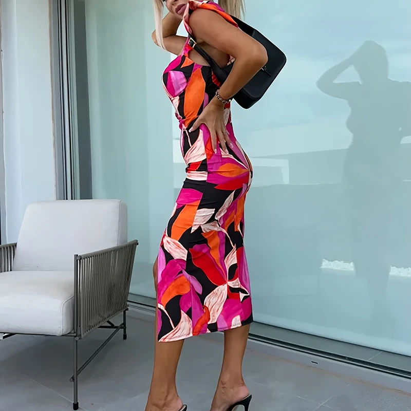 Damska sukienka midi w stylu vintage z nadrukiem, z krótkimi, rozkloszowanymi rękawami, podkreślająca biodra, z wysokim stanem, wyszczuplająca, seksowna, z głębokim dekoltem, bez rękawów i rozcięciem, idealna na imprezę.