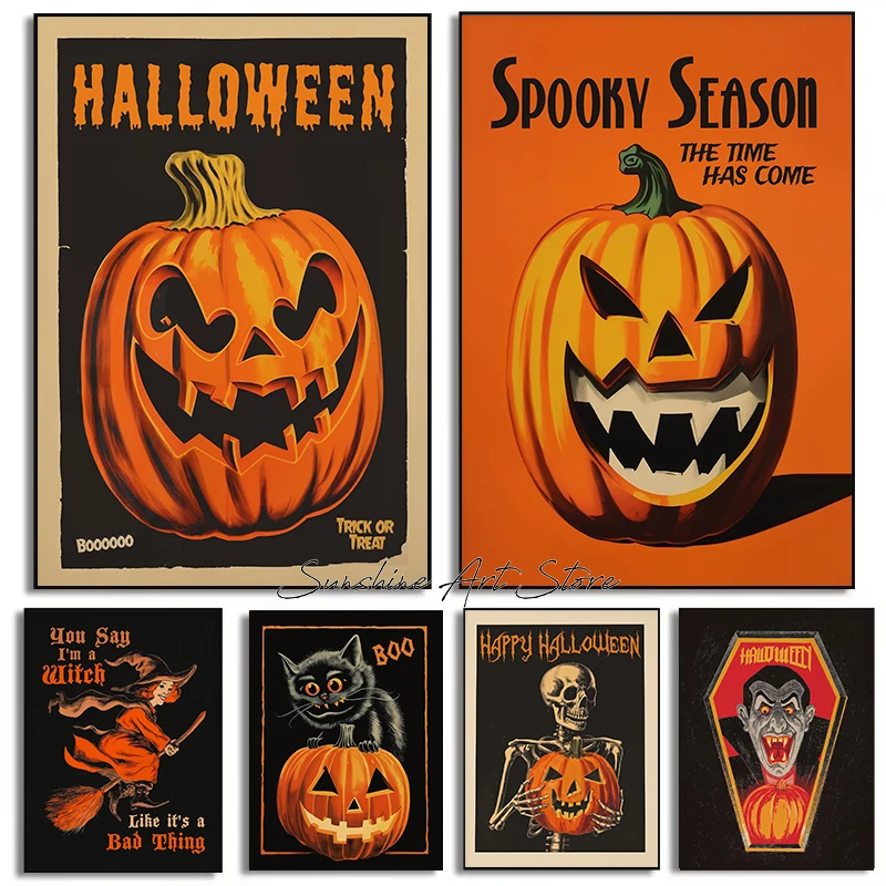 Spooky Season Halloween Art Pumpkin Trick or Treat Dracula Witch Skeleton Black Cat Retro Poster Canvas Painting Wall Pictures