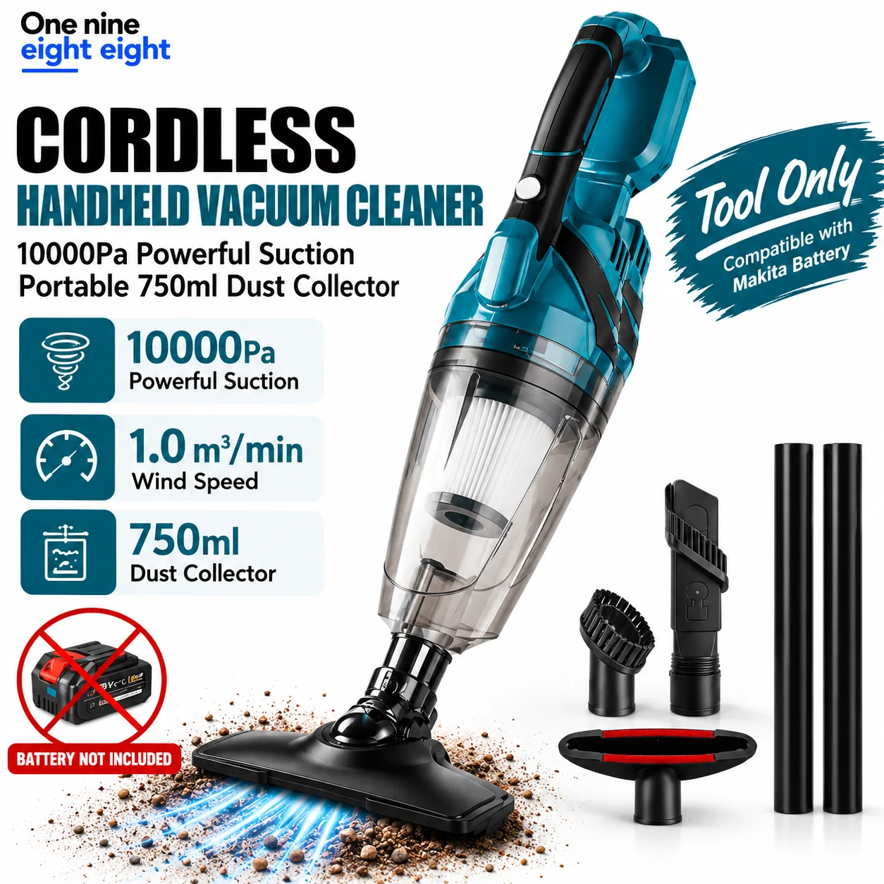 1988 Portable Handheld Cordless Vacuum Cleaner 10000Pa Powerful Suction Makita Battery Compatible for Home Car Cleaning